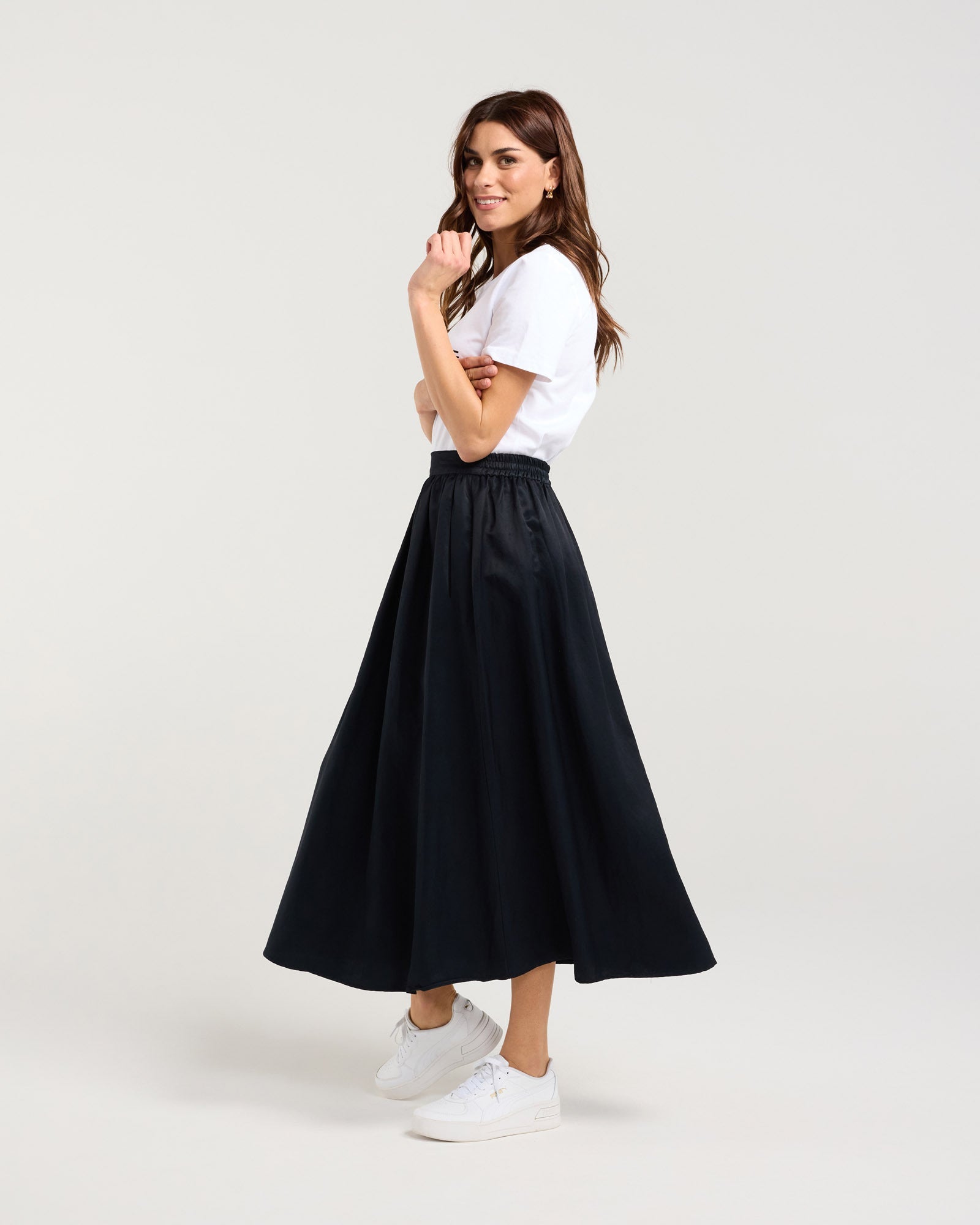 Edith Gathered Midi Skirt - Black
