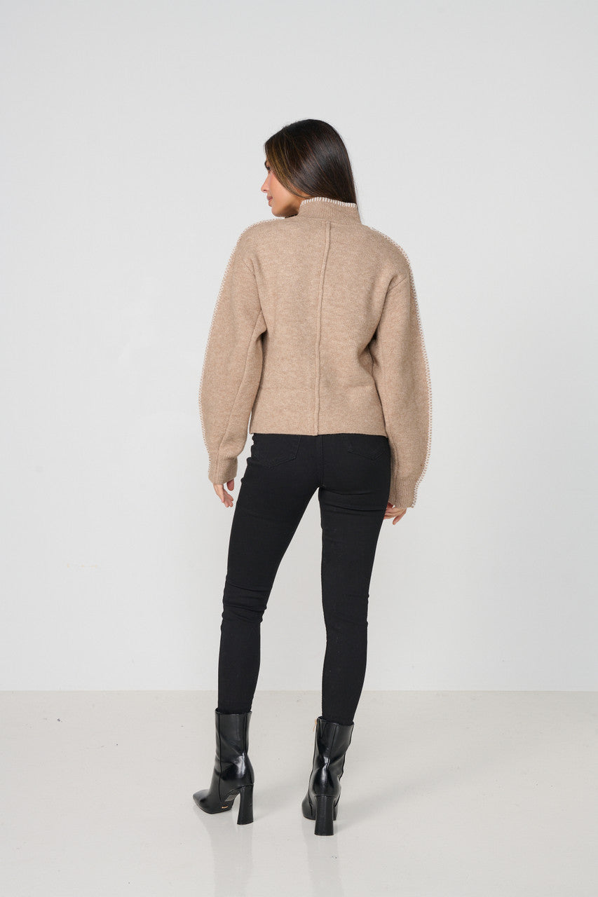 Contrast Blanket Stitch Cardi - Beige