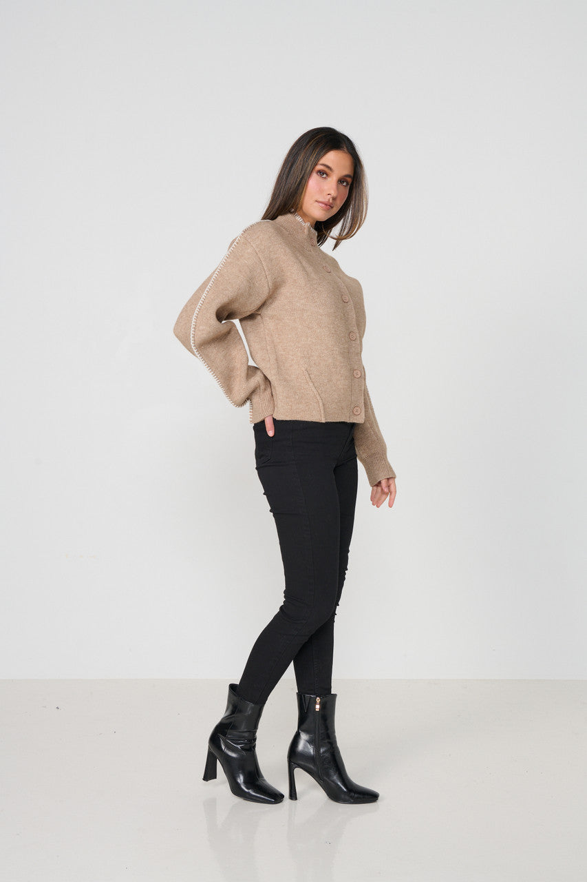 Contrast Blanket Stitch Cardi - Beige