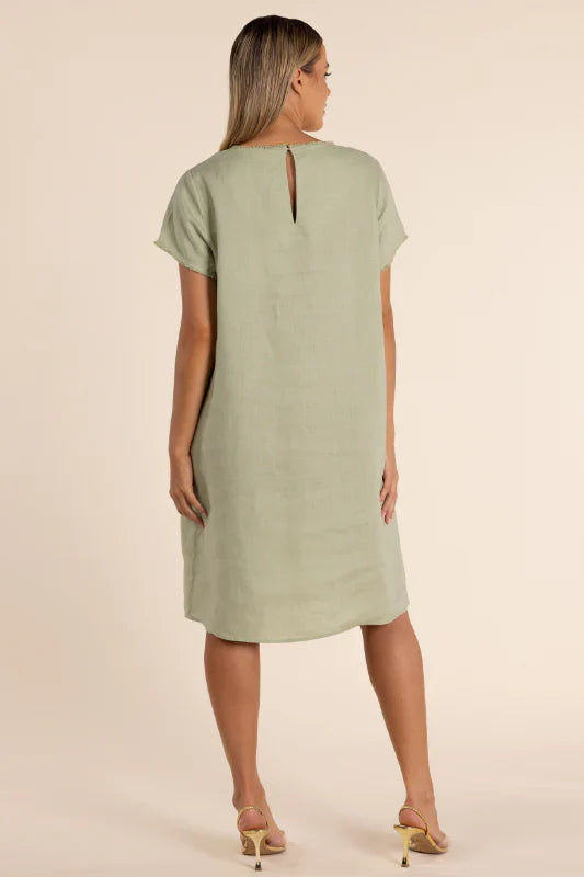 Linen Dress w/Fringe Detail - Avocado