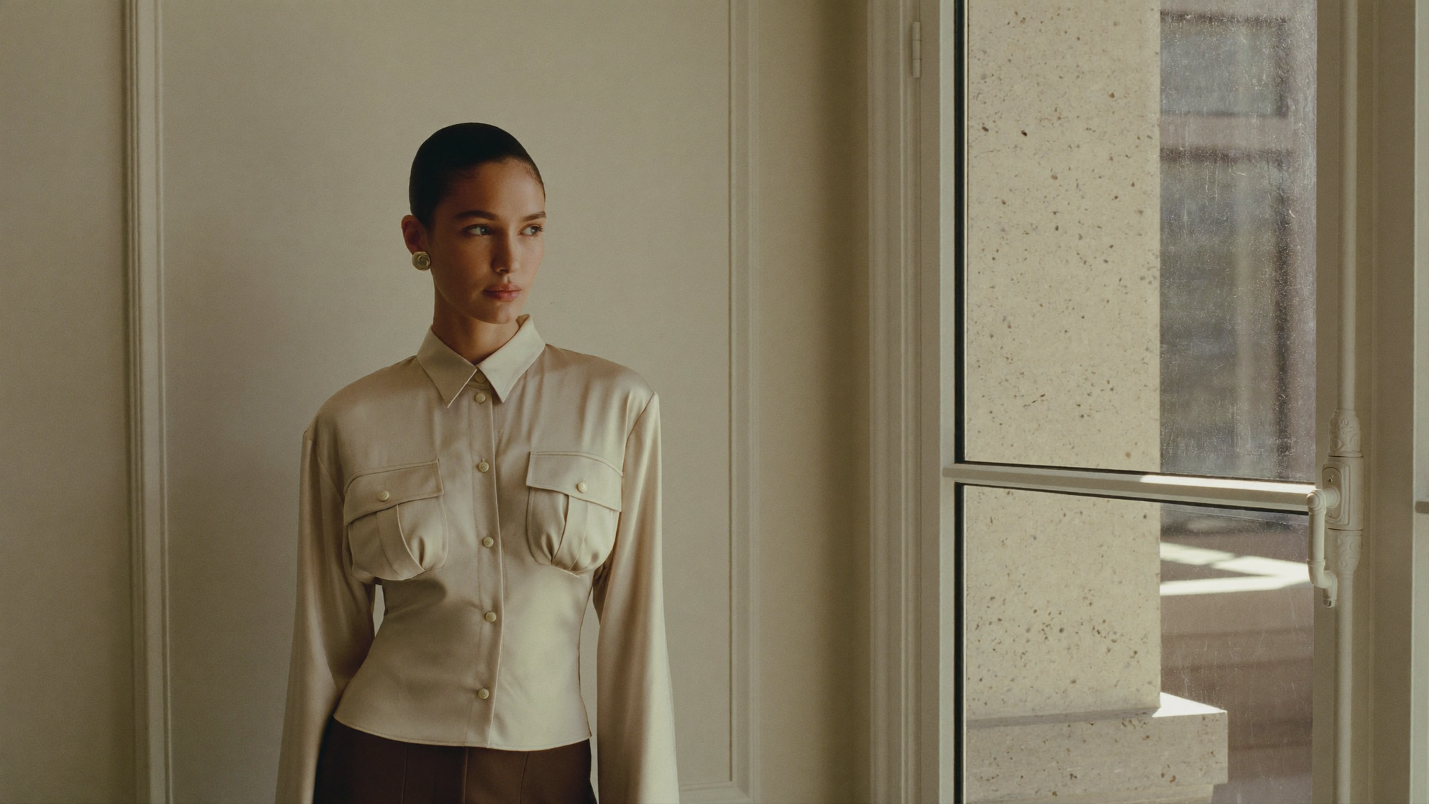 Woman in ivory silk blouse, premium outlet hero