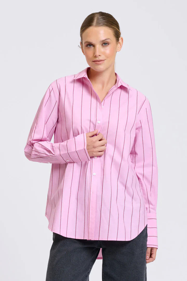 Elodie Stripe Girlfriend Shirt - Pink/Plum Stripe