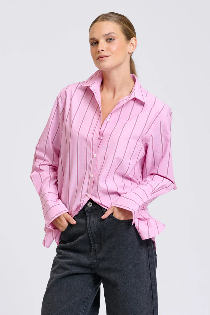 Elodie Stripe Girlfriend Shirt - Pink/Plum Stripe